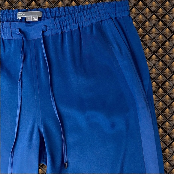 Vince Navy Blue 100% Silk Drawstring Waist Tapered Slim Leg Tuxedo Stripe Pants - Picture 7 of 16